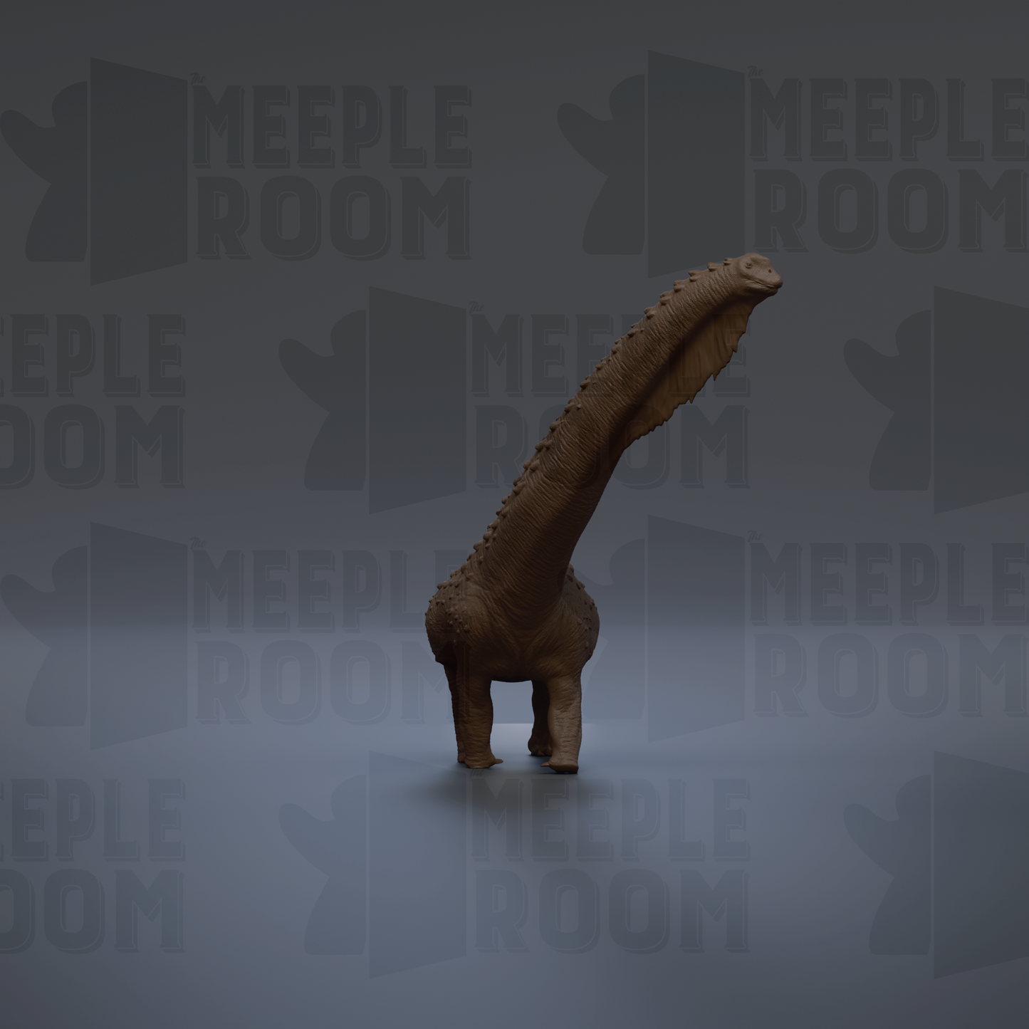 A 3D rendering of a dinosaur-like creature with a long neck and tail, standing on a gray background with repeated text.