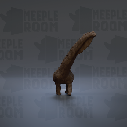 A 3D rendering of a dinosaur-like creature with a long neck and tail, standing on a gray background with repeated text.