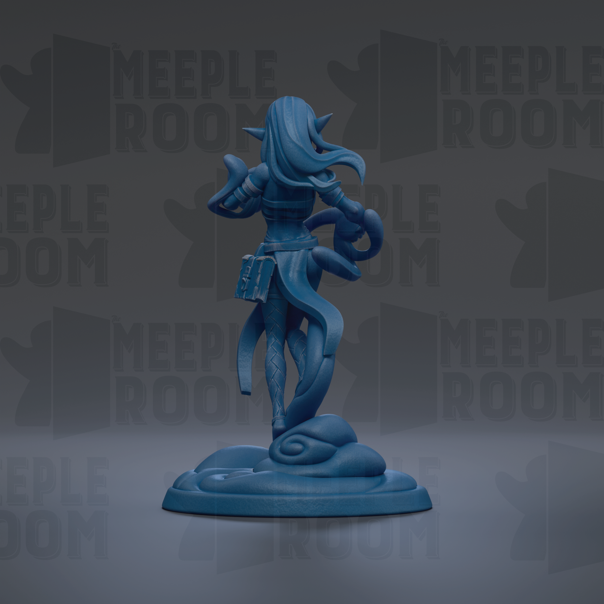 A blue figurine of a woman with long hair and a flowing skirt, standing on a base and holding a book.