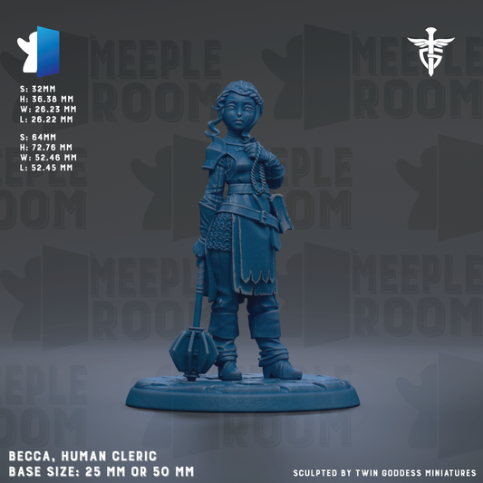 a detailed figurine of a female character, likely a humanistic role-playing game character, standing on a base and holding a weapon. The figurine is described as having a size of 25mm or 50mm, and it is sculpted by Twin Goddess Miniatures. The background of the image is a dark gray color, and there is text that provides information about the figurine, including its base size and the company responsible for its creation.