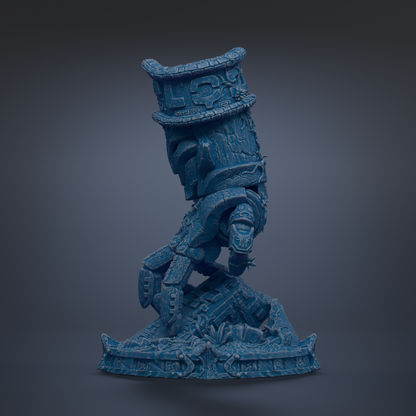 A 3D rendering of a blue, metallic statue with a pointed hat and a raised head, standing on a base with a textured surface.