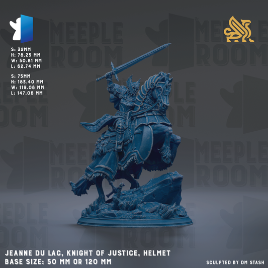 The image is a detailed 3D model of a knight on horseback, specifically a knight in the role of Justice, wearing a helmet and holding a sword. The knight is depicted in a dynamic pose, with the horse in mid-gallop. The base size of the statue is 50mm or 120mm. The image is a sculpture, and the base size is either 50mm or 120mm. The knight is the main focus of the image, with no other objects or text present.