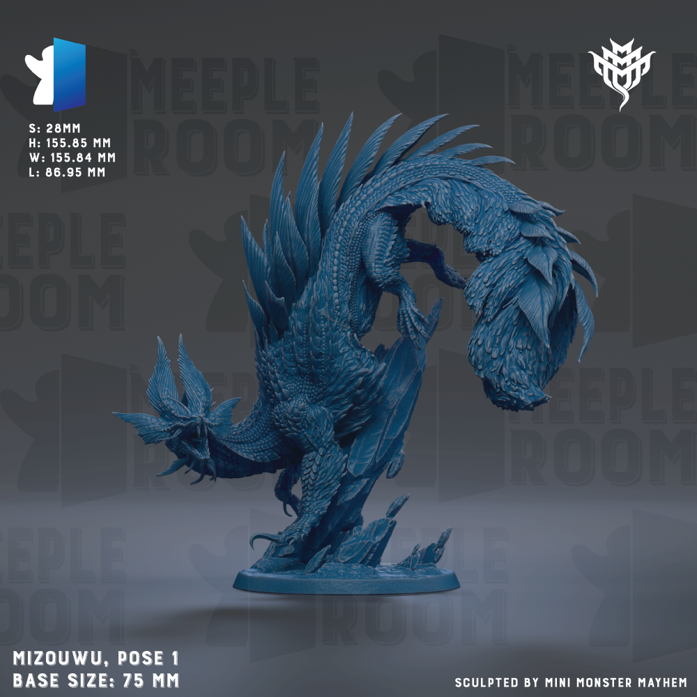 The image is a 3D model of a blue dragon-like creature, possibly a mythical or fantasy creature, with a detailed and intricate design. The creature is posed in a dynamic, standing position, and appears to be made of a material that resembles stone or metal. The image is described as a "Mizouw, pose 1" and is labeled as a "base size: 75 mm". It is also described as "sculpted by mini monster Mayhem", indicating that it is a custom-made figurine created by a miniature monster.