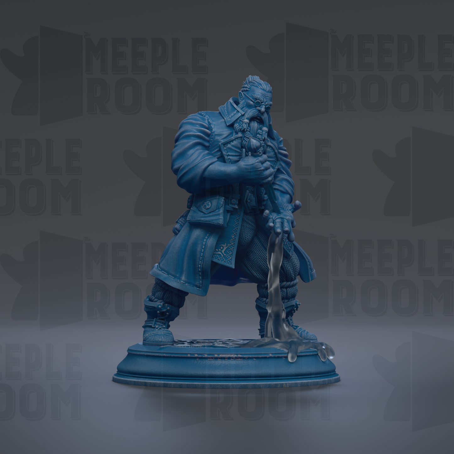 A blue statue of a person standing on a pedestal, holding a sword and a shield.