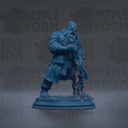 A blue statue of a person standing on a pedestal, holding a sword and a shield.