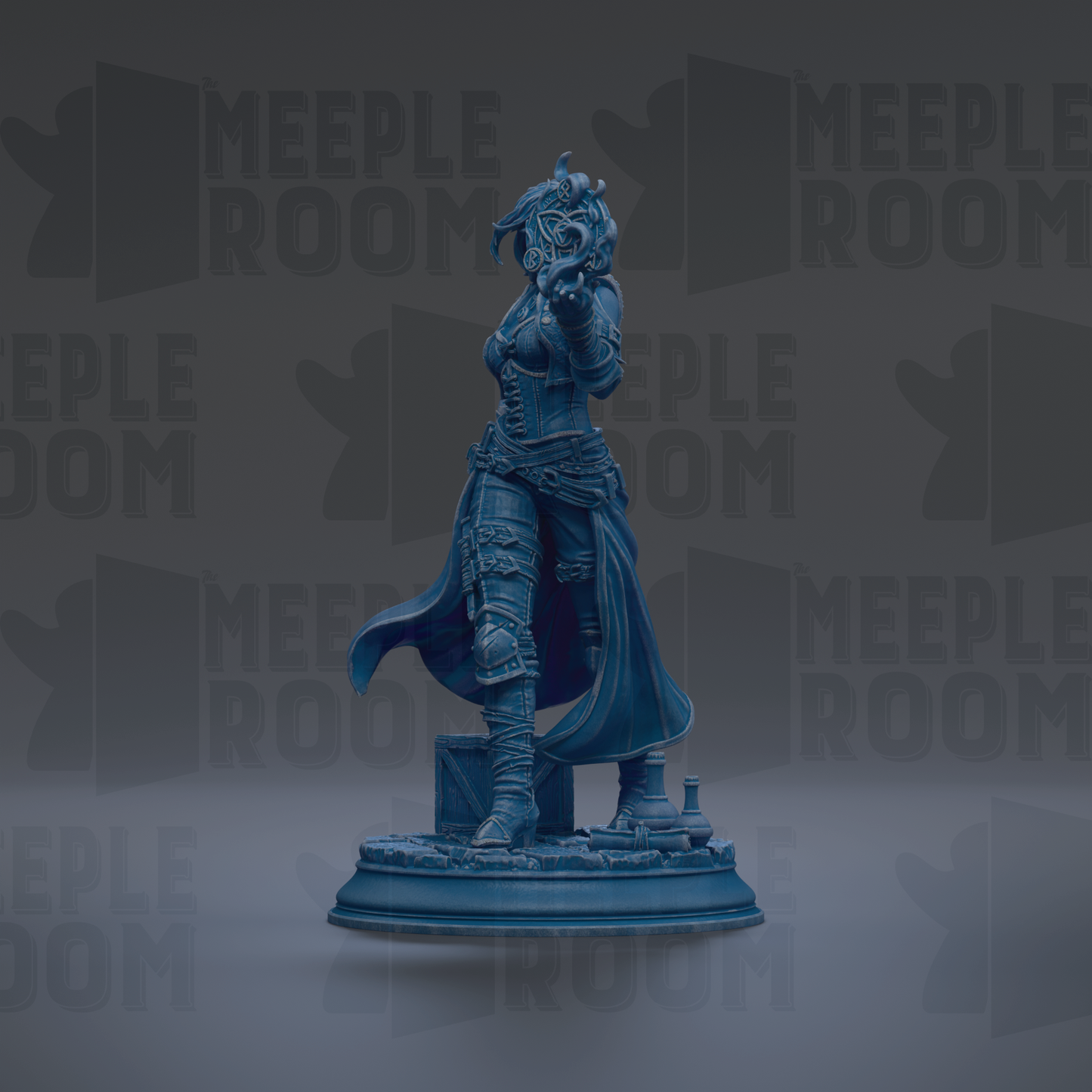 A blue statue of a woman with a mask and flowing robe stands on a pedestal against a dark background with repeated "MEIPLE ROOM" text.