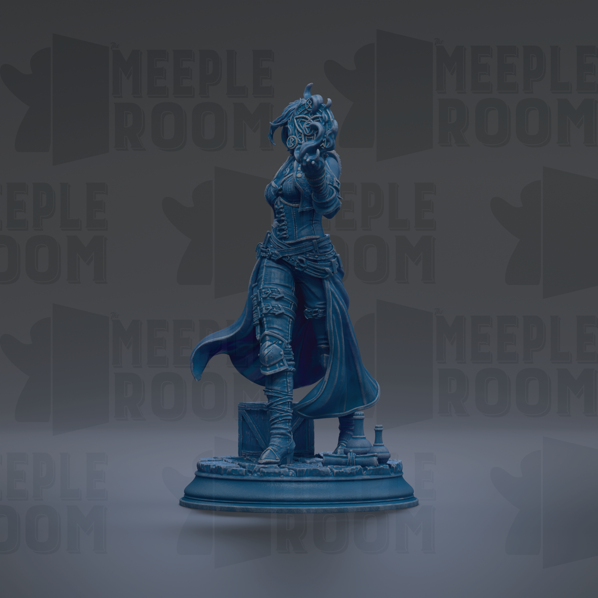 A blue statue of a woman with a mask and flowing robe stands on a pedestal against a dark background with repeated "MEIPLE ROOM" text.