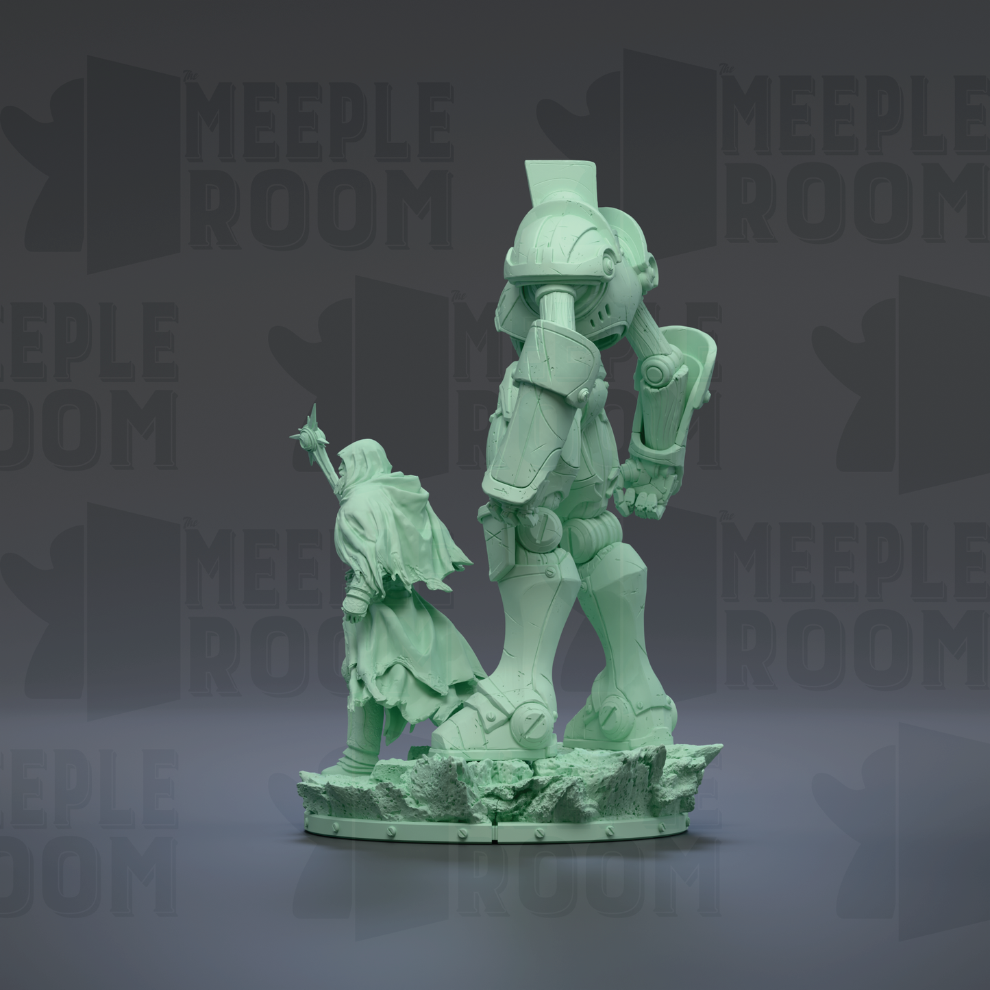 A green statue of a robot-like figure standing on a rocky base, with a smaller figure in the foreground.