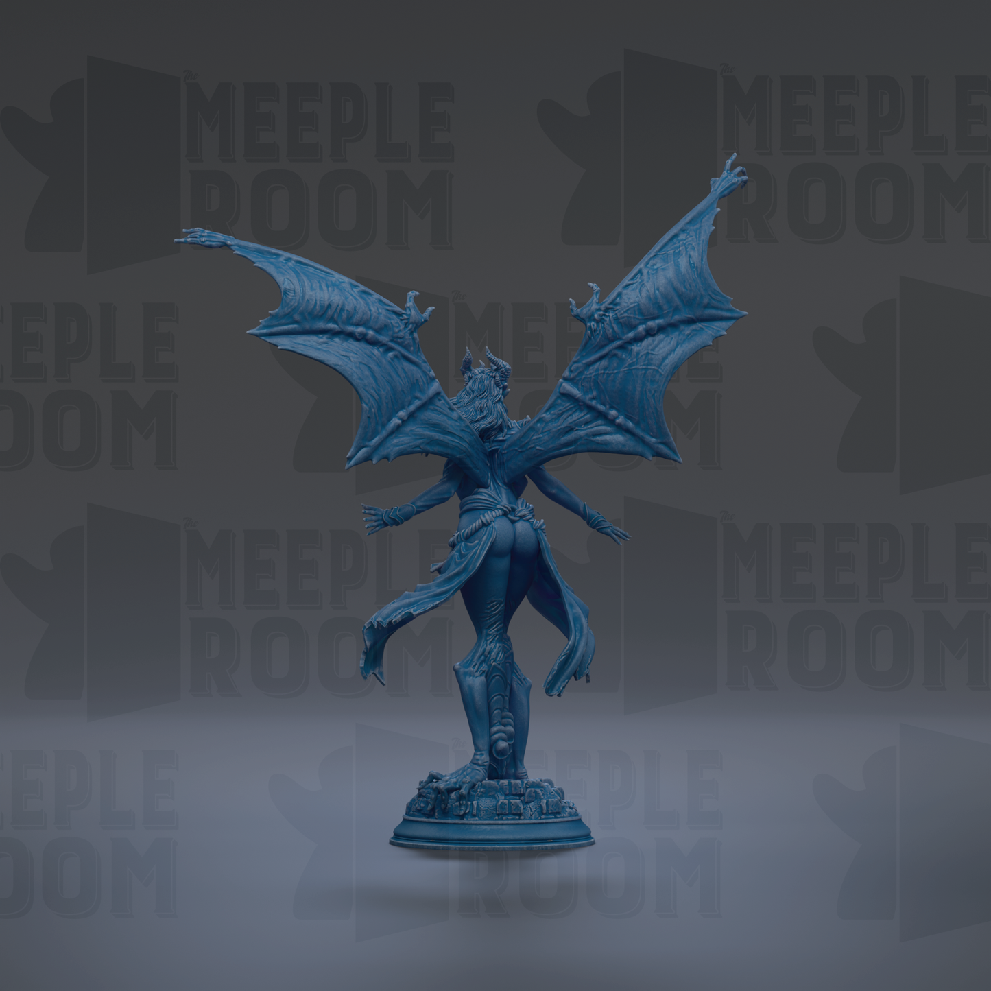 A blue dragon statue with wings spread wide, standing on a pedestal against a dark background with repeated "MEIPLLE ROOM" text.