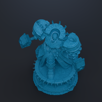 A 3D rendering of a heavily armored and armed character, likely a warrior or knight, with various weapons and armor pieces. The character appears to be in a fighting stance, ready for battle.