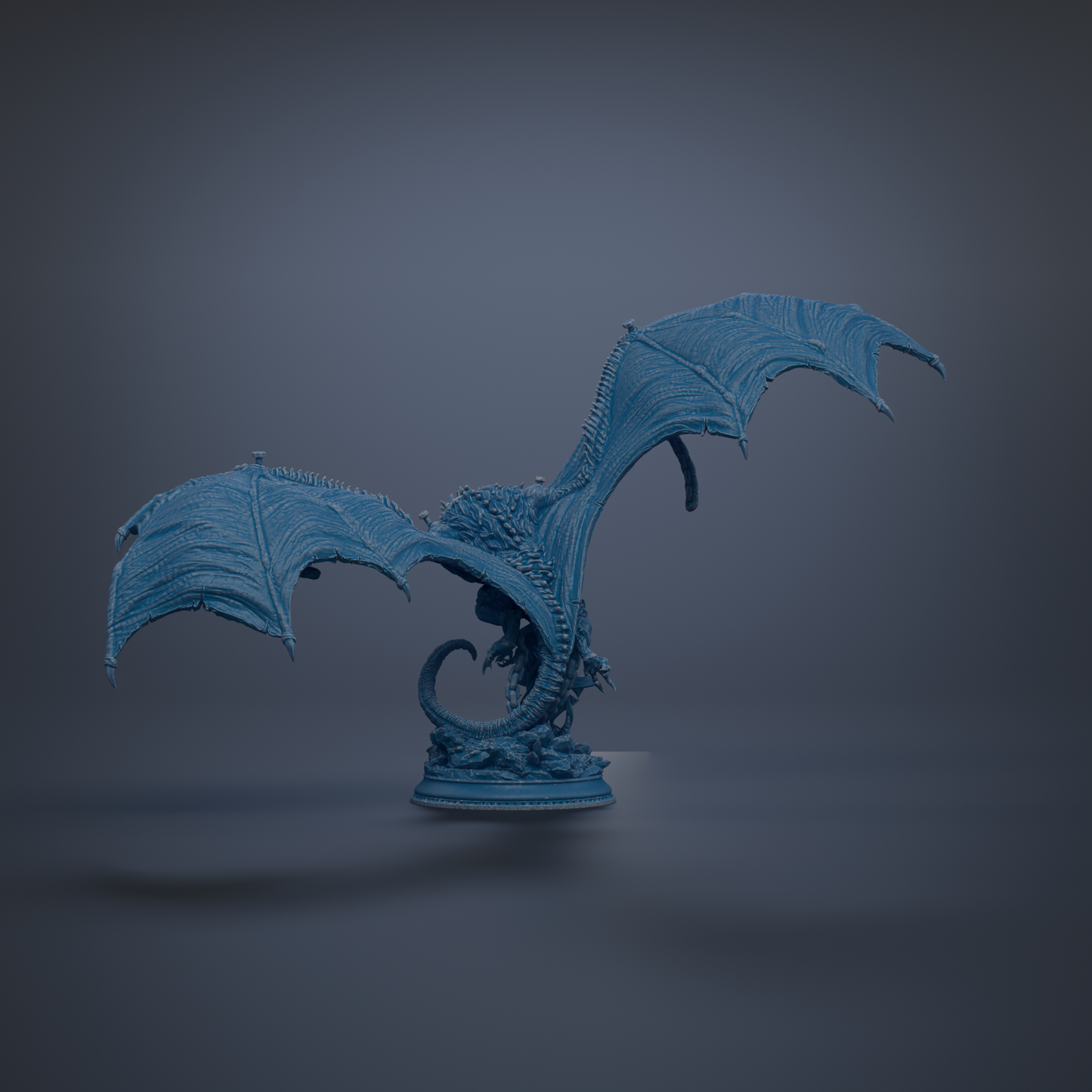 A 3D rendering of a blue dragon-like creature with large wings and a long tail, set against a dark background.