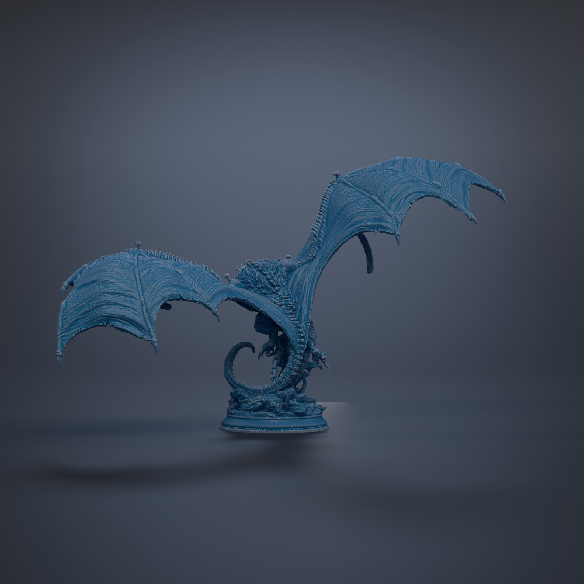 A 3D rendering of a blue dragon-like creature with large wings and a long tail, set against a dark background.