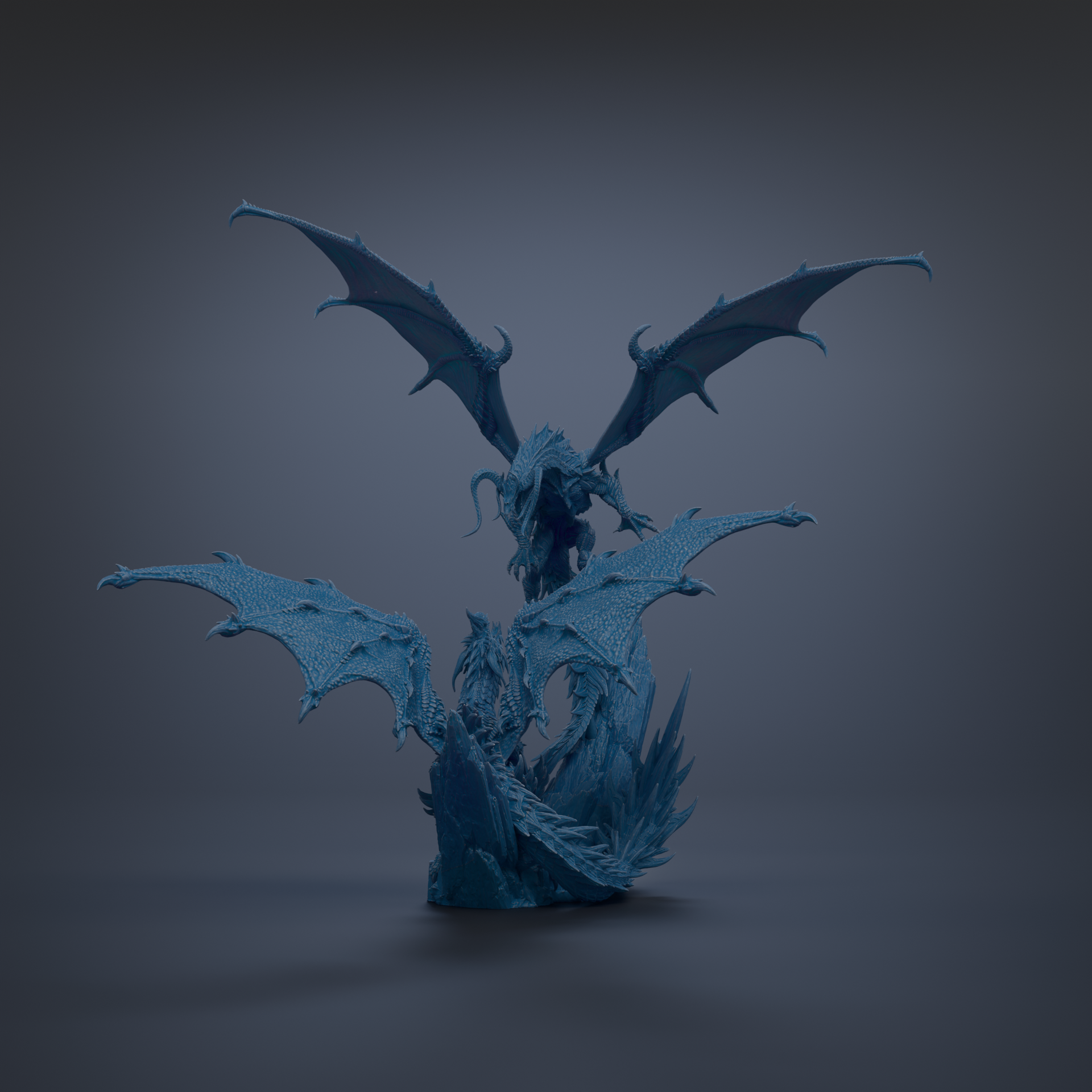 A 3D rendering of a blue dragon-like creature with wings and sharp teeth, standing on a rock formation against a dark background.