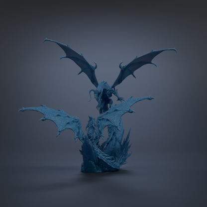 A 3D rendering of a blue dragon-like creature with wings and sharp teeth, standing on a rock formation against a dark background.