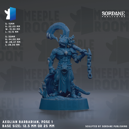 a blue figurine of an armored figure, possibly a barbarian, posed in a dynamic stance with a chain around its neck. The figurine is set against a dark background with repeated text and logos.