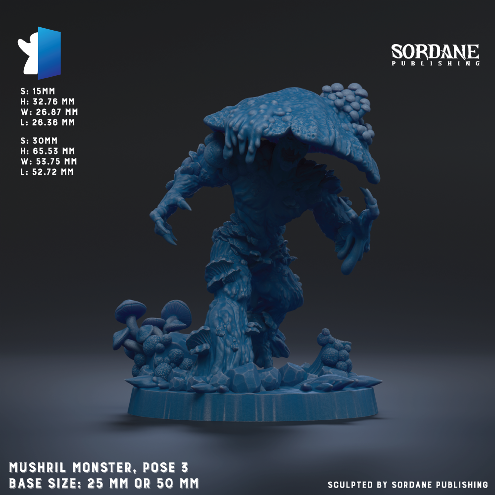 The image is a 3D rendering of a blue, mushroom-like creature with a large head and extended arms, standing on a base. The creature appears to be a sculpture or model, and the image is described as a "Mushril Monster, pose 3" with a base size of either 25mm or 50mm.