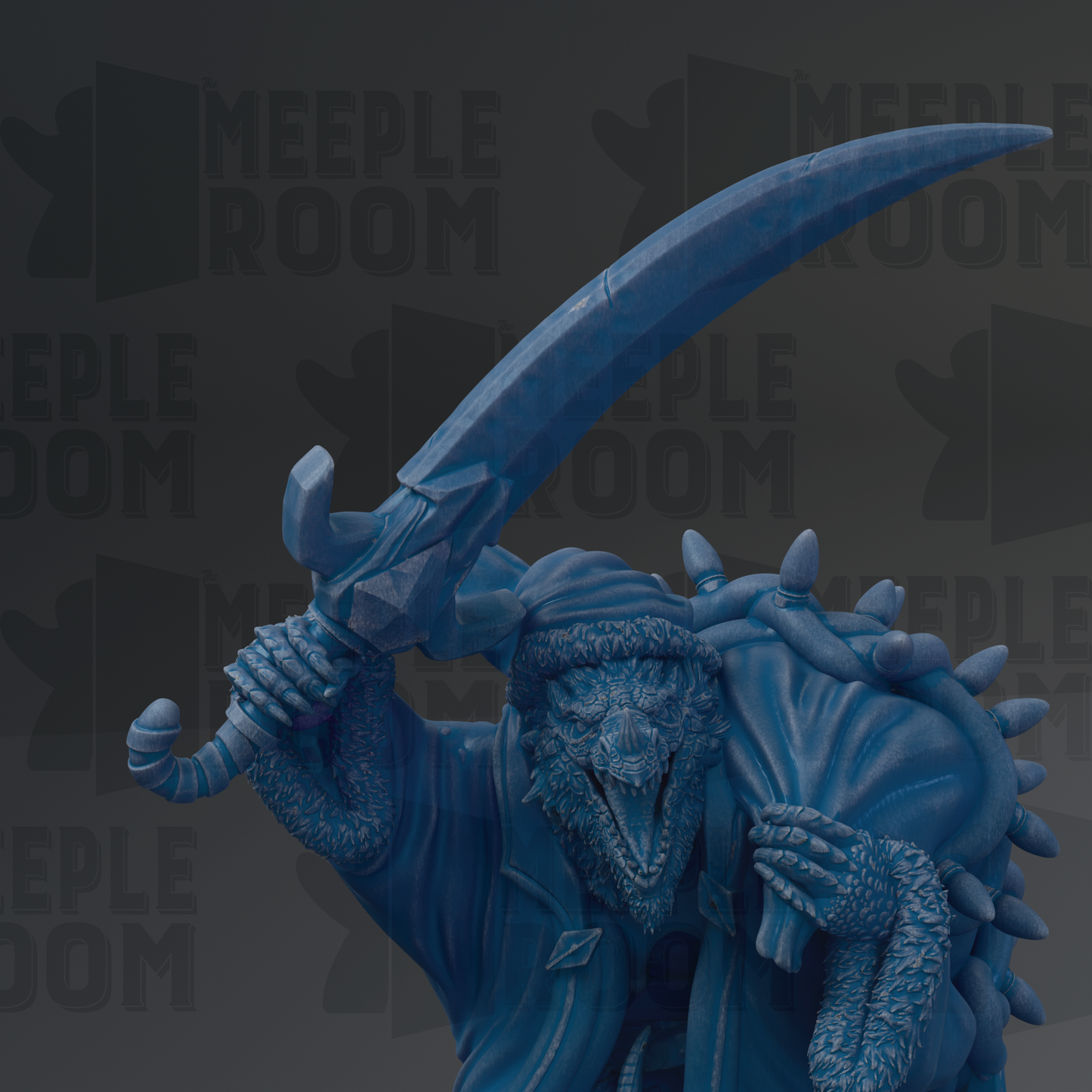 A blue, 3D-rendered statue of a fantastical creature with a large, curved weapon in its hand.