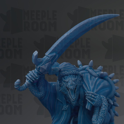 A blue, 3D-rendered statue of a fantastical creature with a large, curved weapon in its hand.