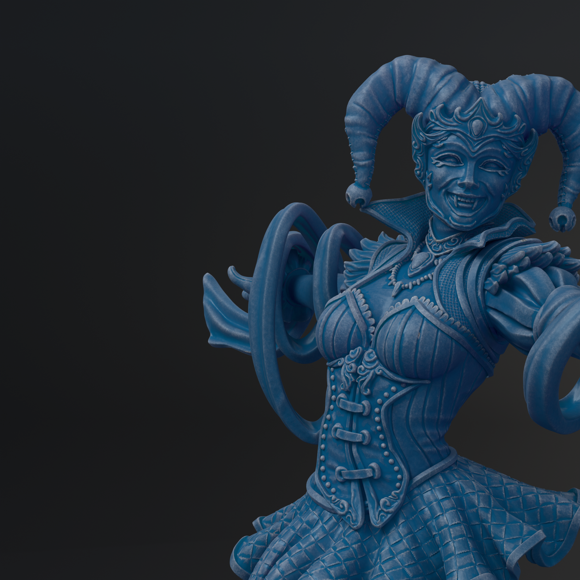 A blue statue of a jester-like figure with horns, a mask, and ornate clothing.