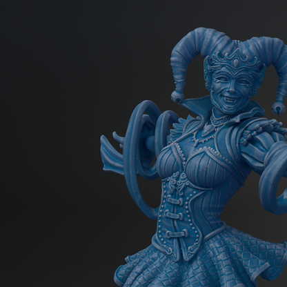 A blue statue of a jester-like figure with horns, a mask, and ornate clothing.