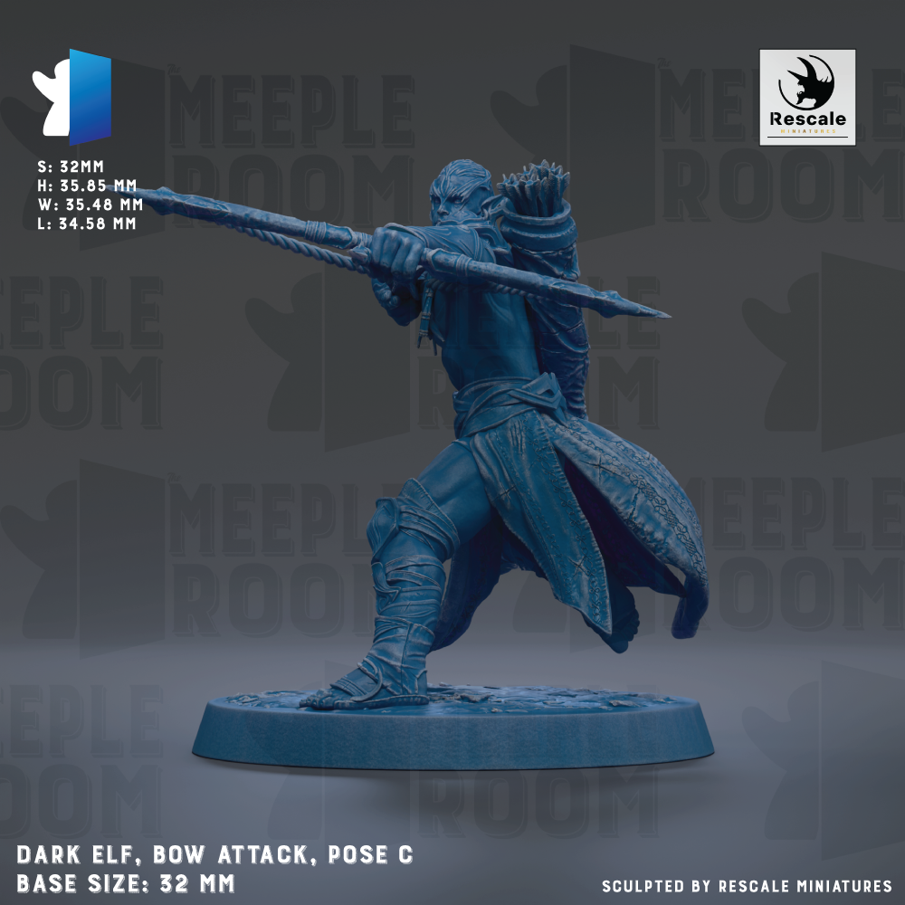 The image is a 3.2mm model of a dark elf holding a bow attack, standing on a base size of 32mm.