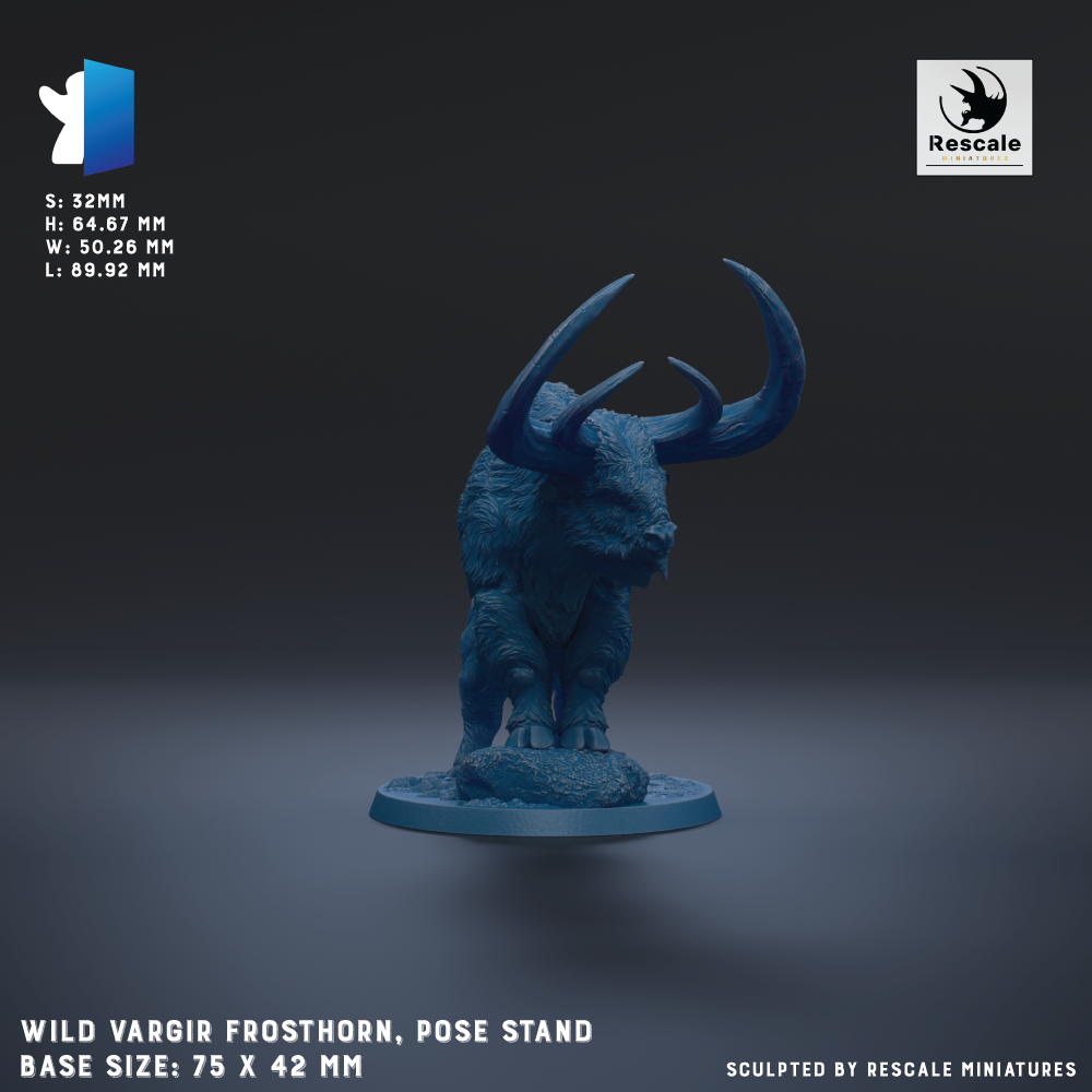 a blue figurine of a wild vargir frosthorn, which is a pose stand for miniatures. The figurine is standing on a base that is 7.5 x 42 mm in size.