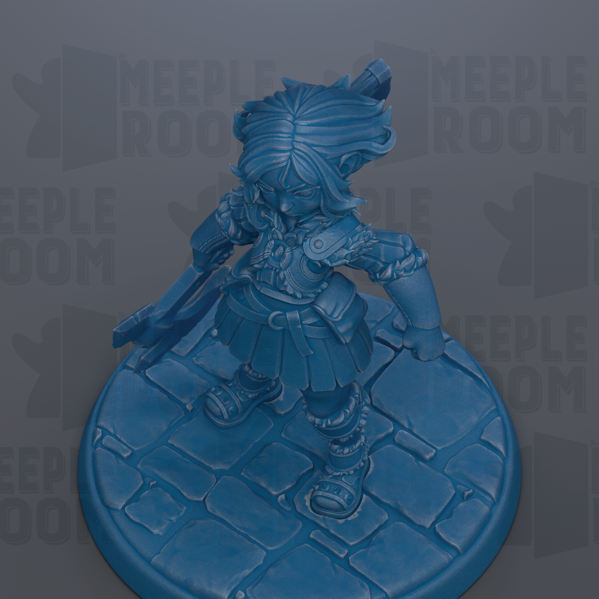 A blue figurine of a character with a sword and shield, standing on a stone platform.
