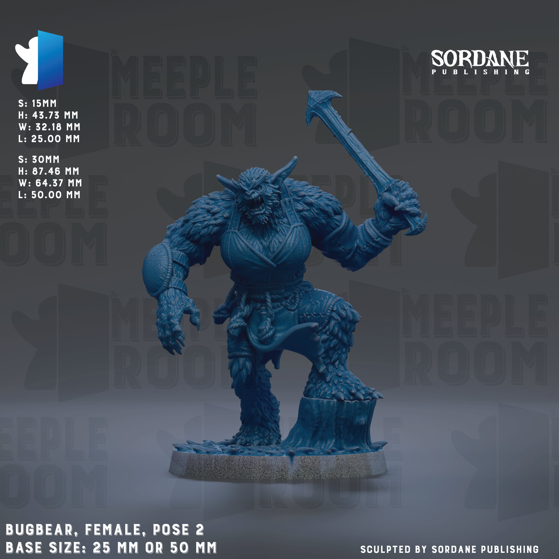 a blue, furry, monster-like creature with horns and a sword, standing on a rock or base. The creature appears to be a female monster, and the image is described as a pose of the monster. The base sizes of the monster are 25 mm or 50 mm. The image is a sculpture by Sordane Publishing, and it is a collage of multiple images.