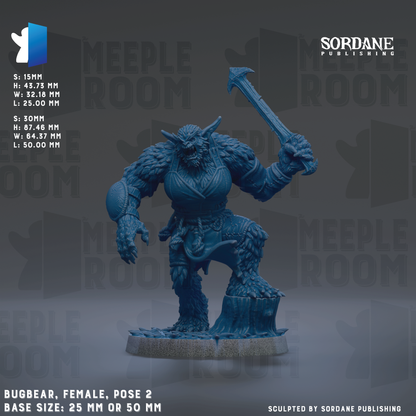 a blue, furry, monster-like creature with horns and a sword, standing on a rock or base. The creature appears to be a female monster, and the image is described as a pose of the monster. The base sizes of the monster are 25 mm or 50 mm. The image is a sculpture by Sordane Publishing, and it is a collage of multiple images.