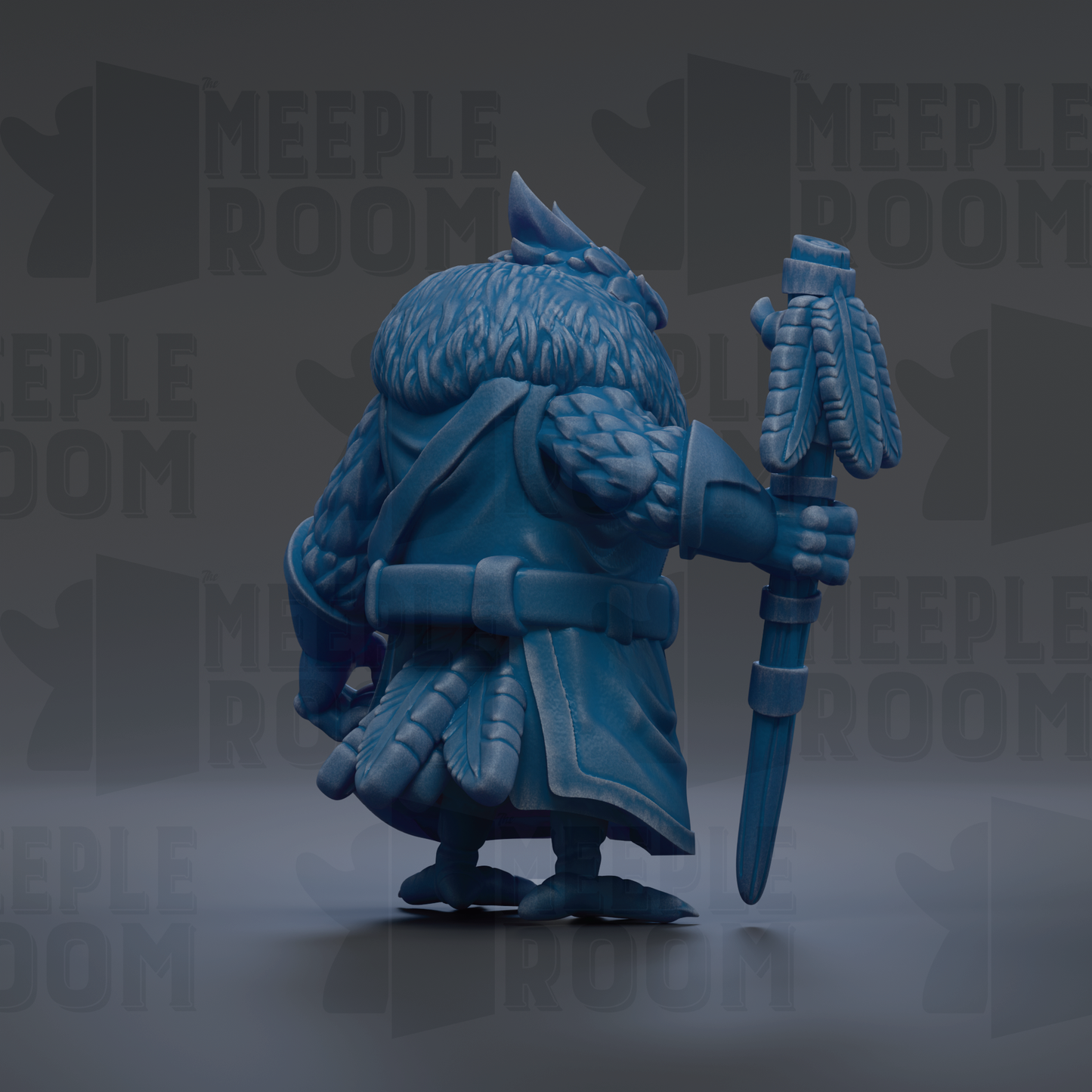 A 3D rendering of a blue, furry creature holding a staff and sword, with the text "MEUPLE ROOM" repeated in the background.