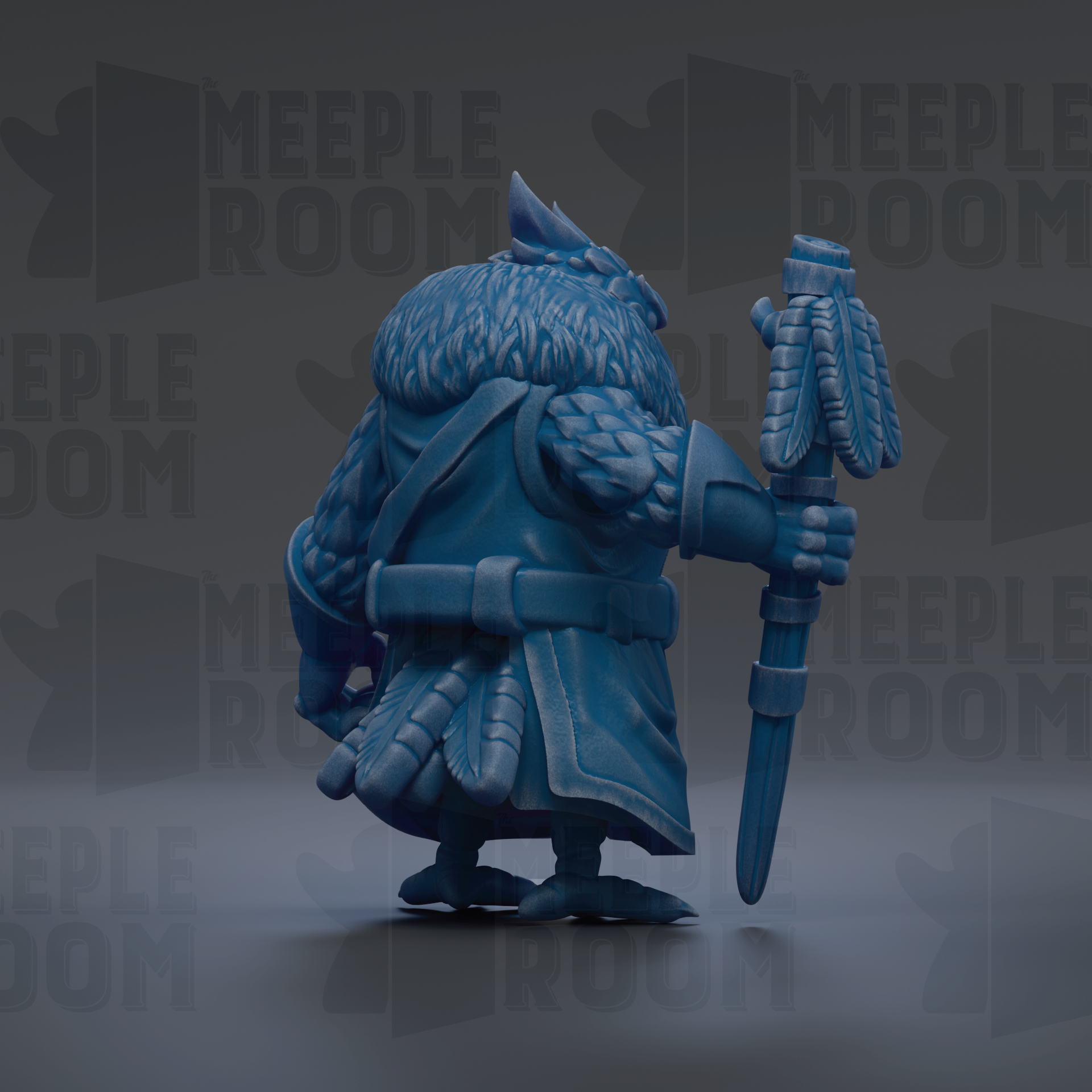 A 3D rendering of a blue, furry creature holding a staff and sword, with the text "MEUPLE ROOM" repeated in the background.