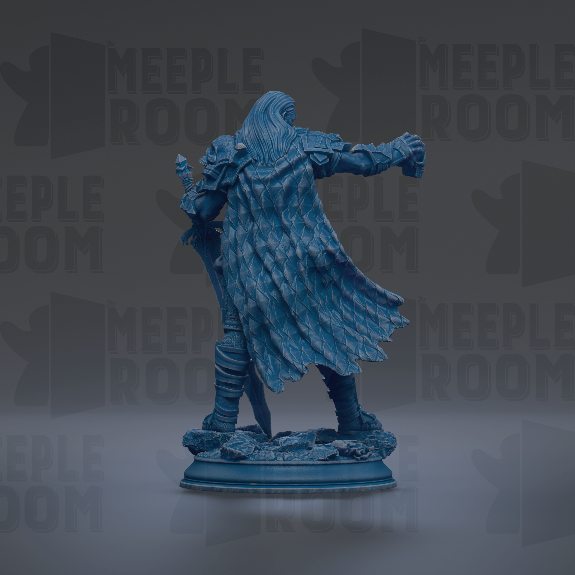 A blue statue of a warrior figure with a flowing cape and sword stands on a pedestal against a dark background with repeated text.