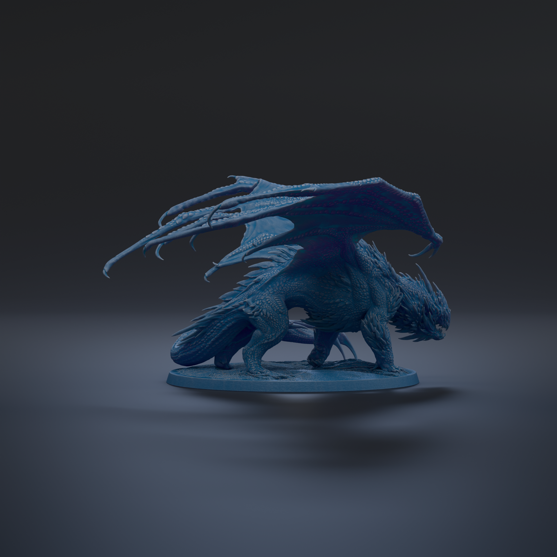 A blue dragon figurine with outstretched wings is depicted against a dark background.