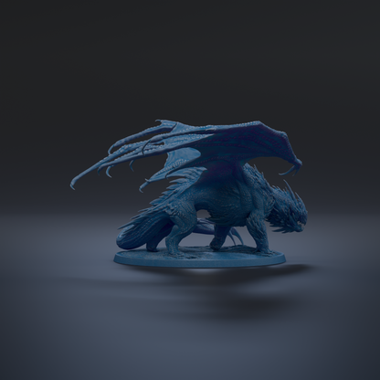 A blue dragon figurine with outstretched wings is depicted against a dark background.