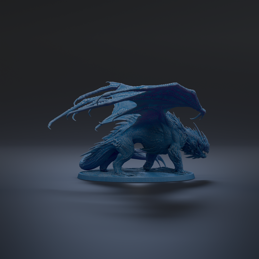 A blue dragon figurine with outstretched wings is depicted against a dark background.