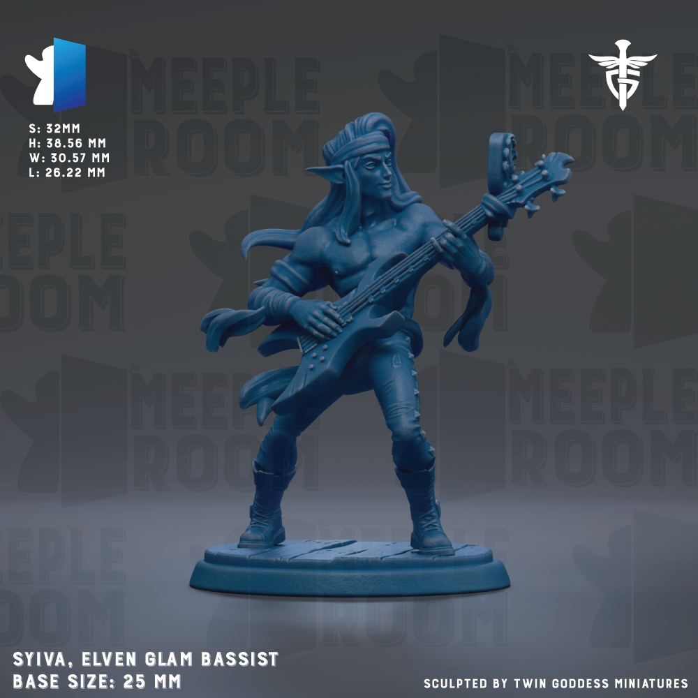 A blue figurine of a male character playing a guitar, with the text "SYIVA, ELVEN GLAM BASSIST" and "BASE SIZE: 25mm" visible.