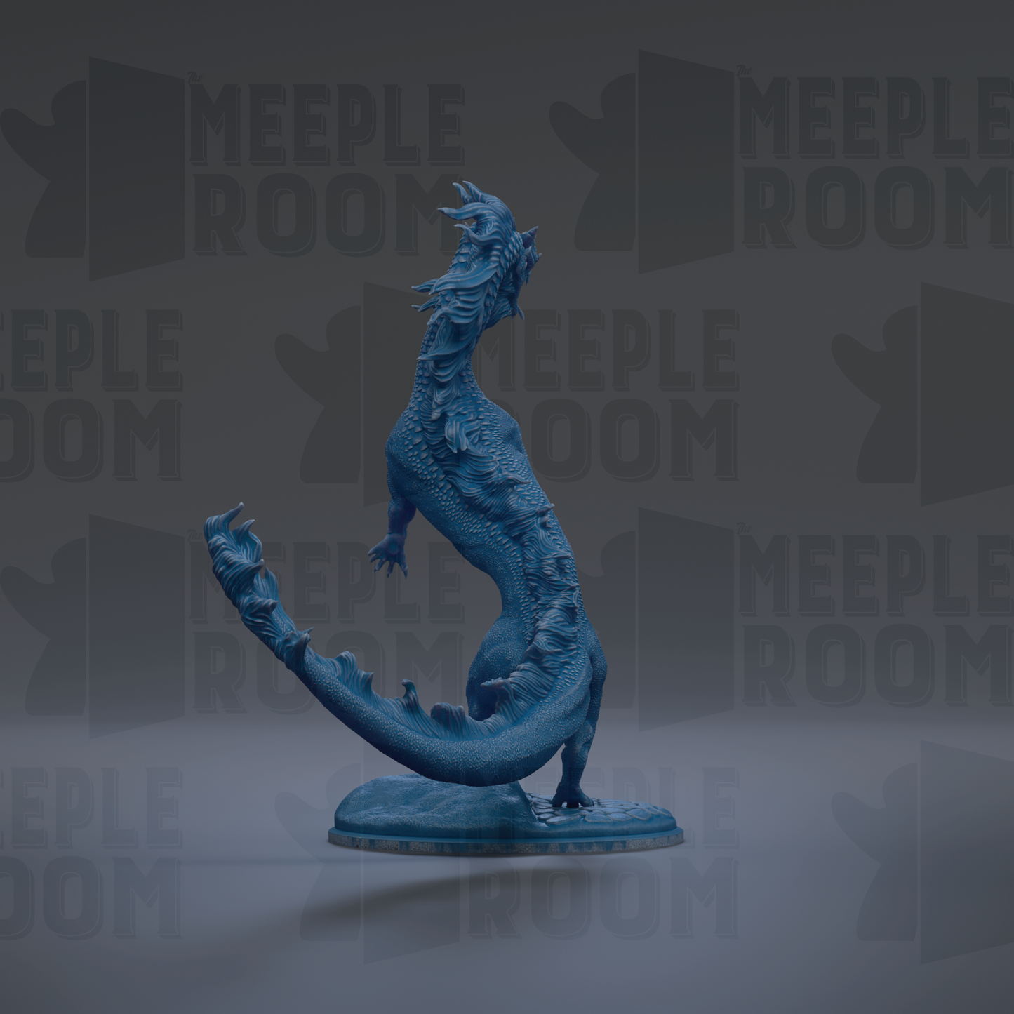 A blue dragon figurine is standing on a base against a dark background with repeated text.