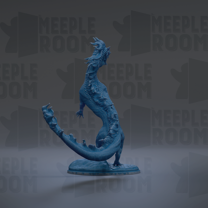 A blue dragon figurine is standing on a base against a dark background with repeated text.