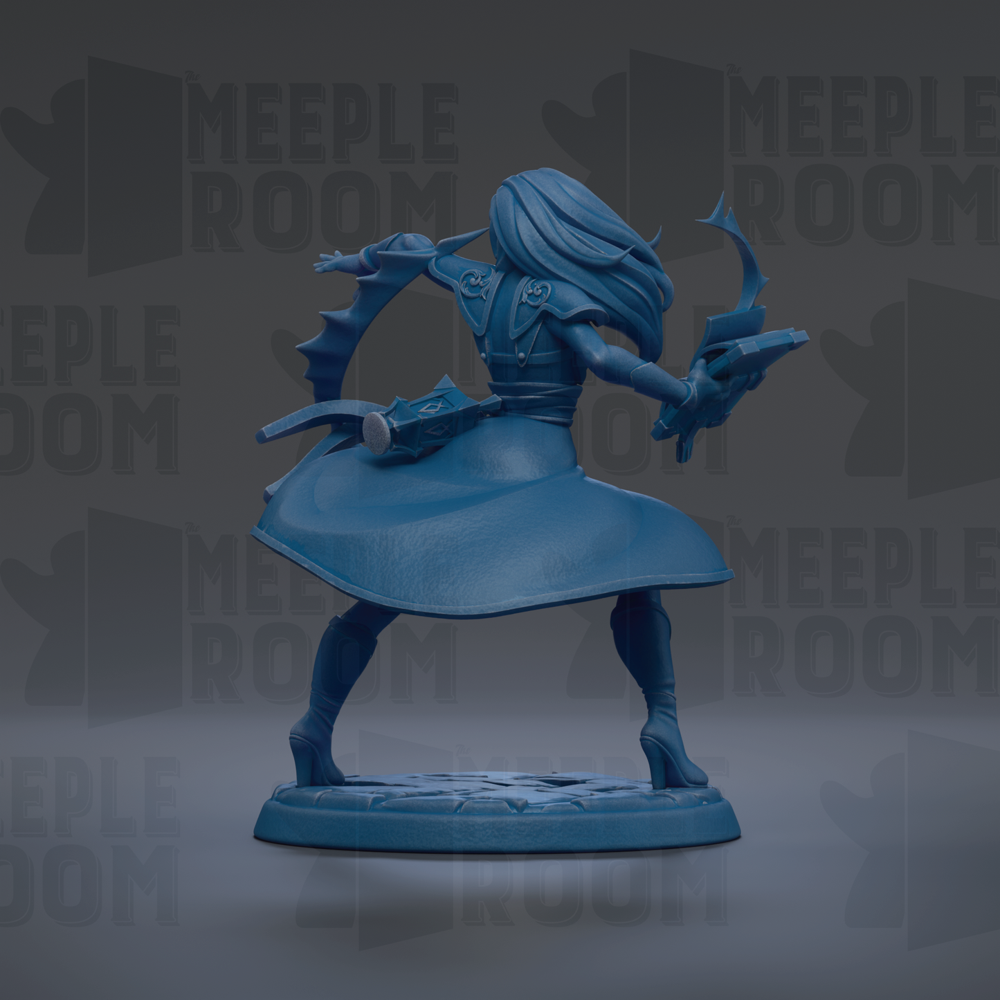 A blue figurine of a woman with long hair and a flowing skirt, holding a weapon, is shown in a dynamic pose against a dark background with repeated text.
