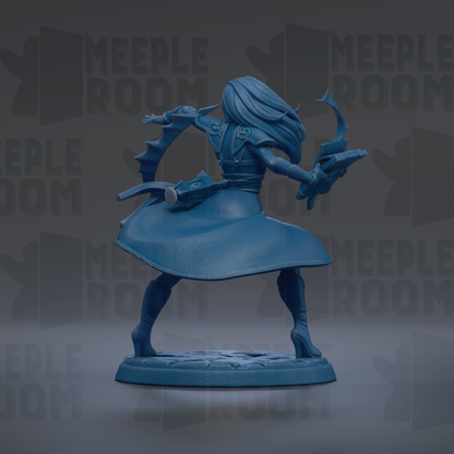 A blue figurine of a woman with long hair and a flowing skirt, holding a weapon, is shown in a dynamic pose against a dark background with repeated text.