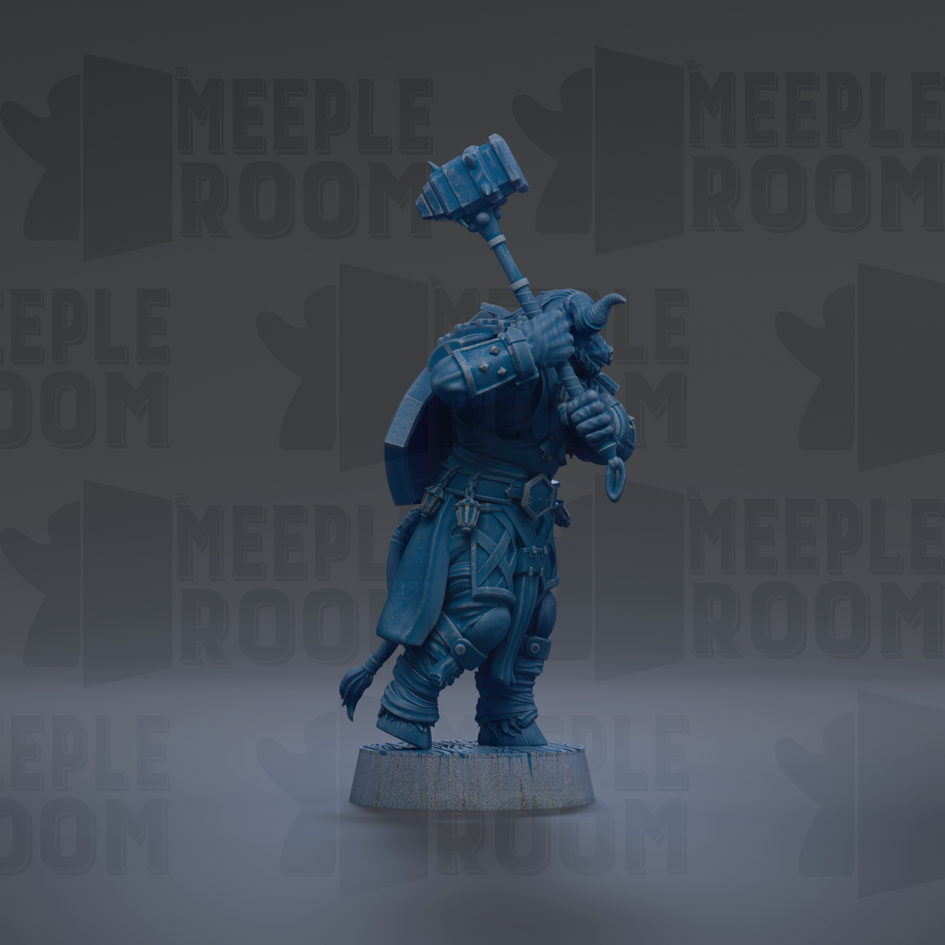 A blue figurine of a warrior standing in a fighting stance, holding a large hammer in its right hand.