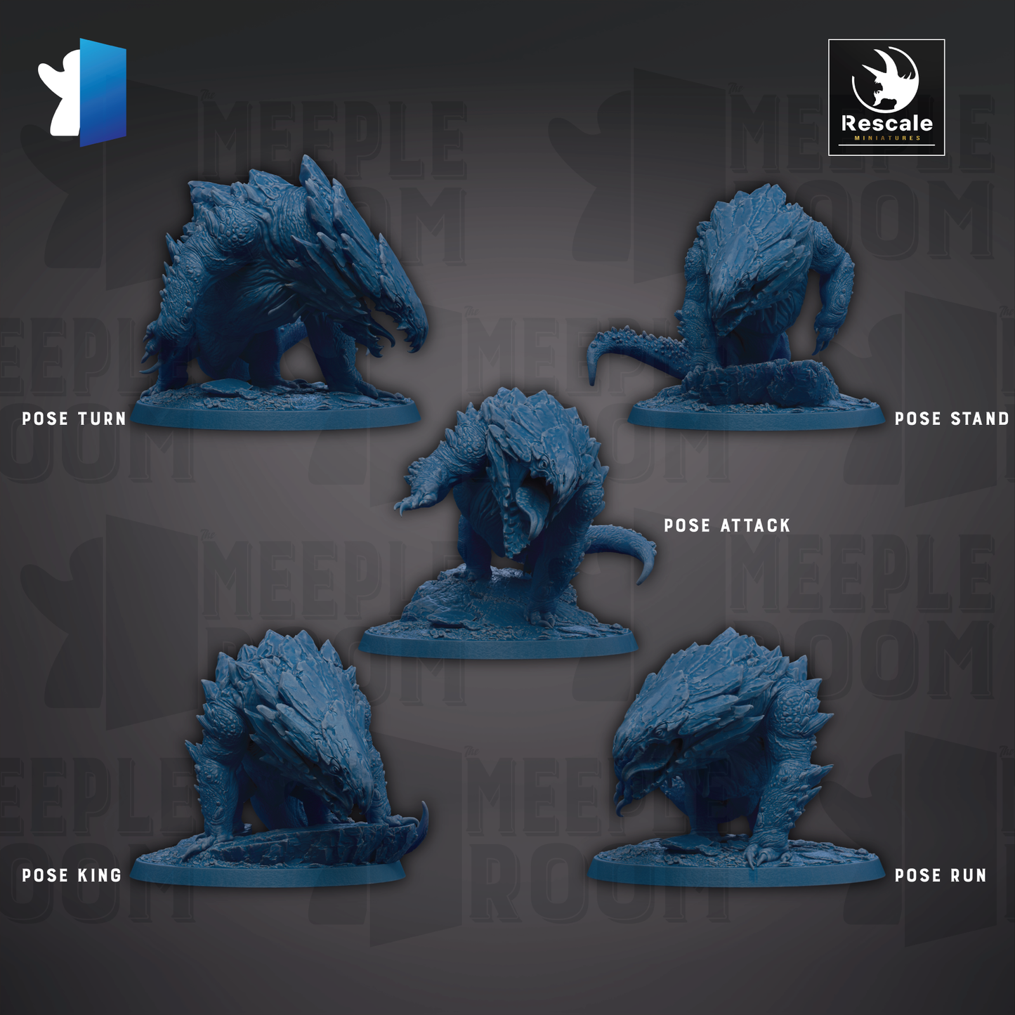 five blue figurines of fantastical creatures, each with a unique pose, arranged in a grid-like pattern against a dark background.