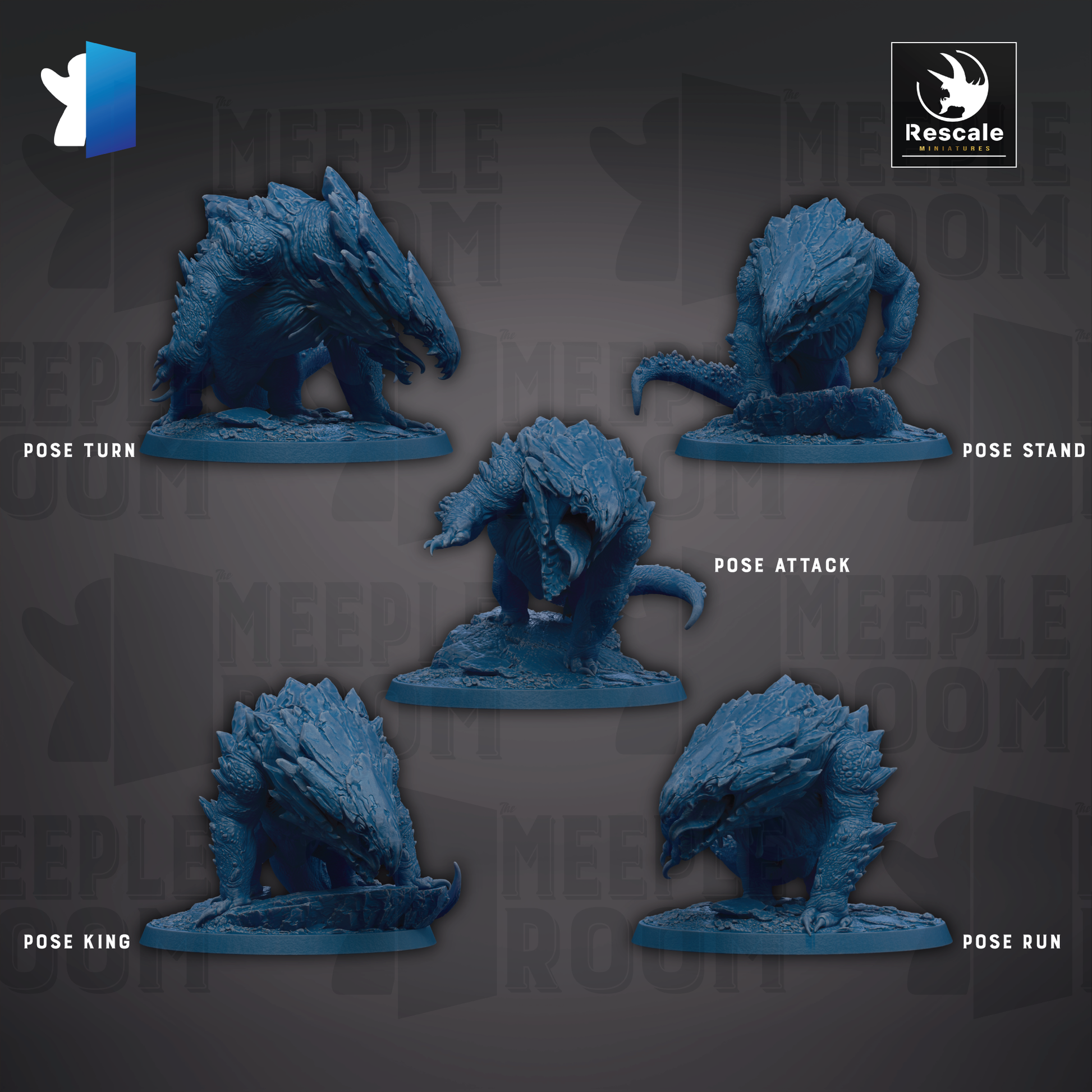 five blue figurines of fantastical creatures, each with a unique pose, arranged in a grid-like pattern against a dark background.
