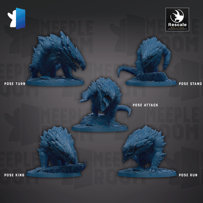 five blue figurines of fantastical creatures, each with a unique pose, arranged in a grid-like pattern against a dark background.