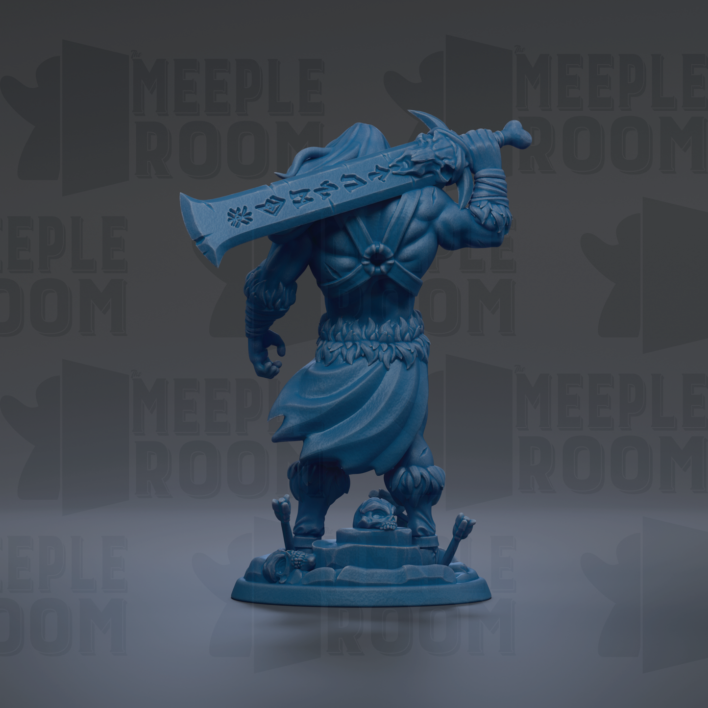 A blue figurine of a warrior-like character holding a large sword.