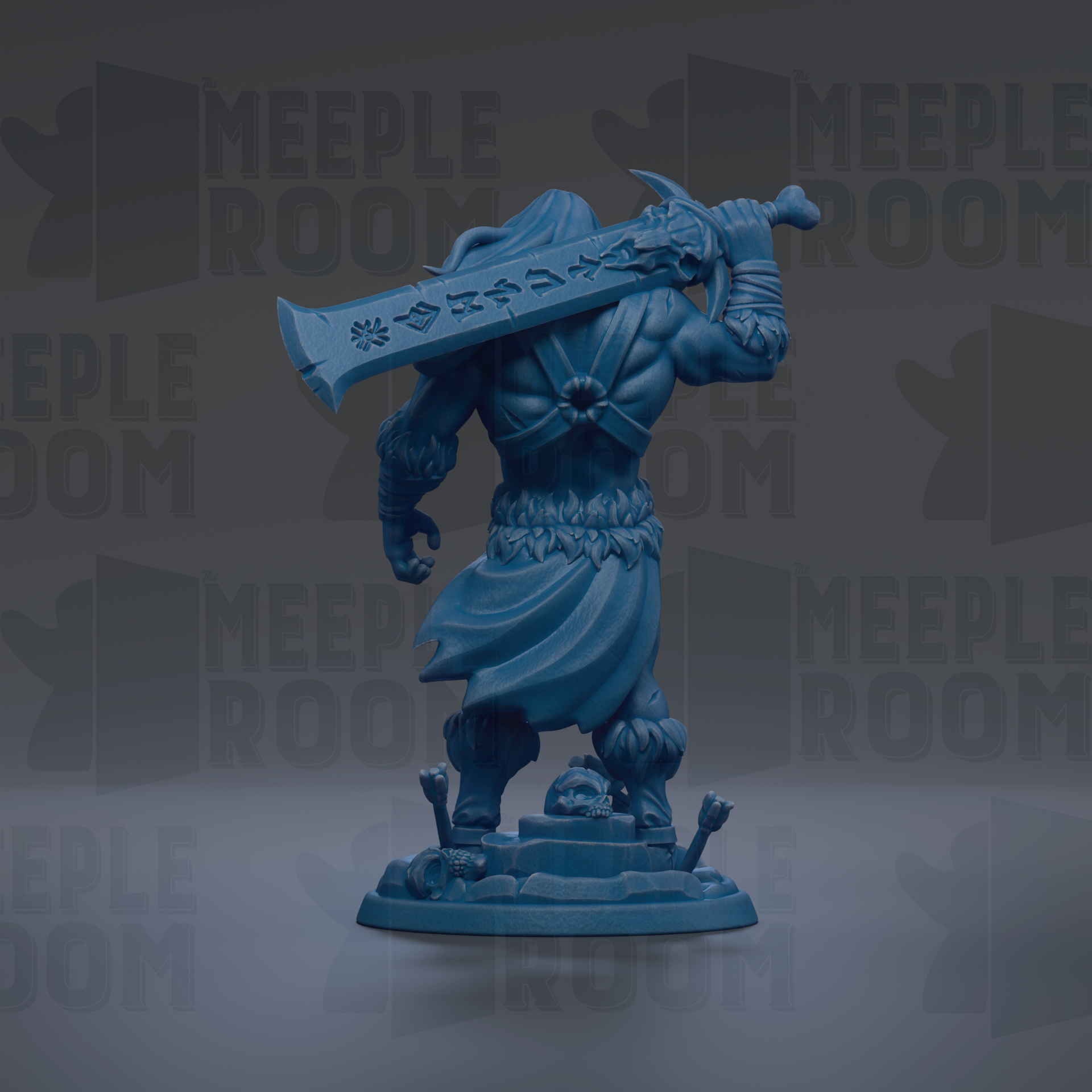 A blue figurine of a warrior-like character holding a large sword.