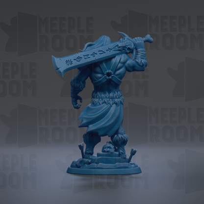 A blue figurine of a warrior-like character holding a large sword.