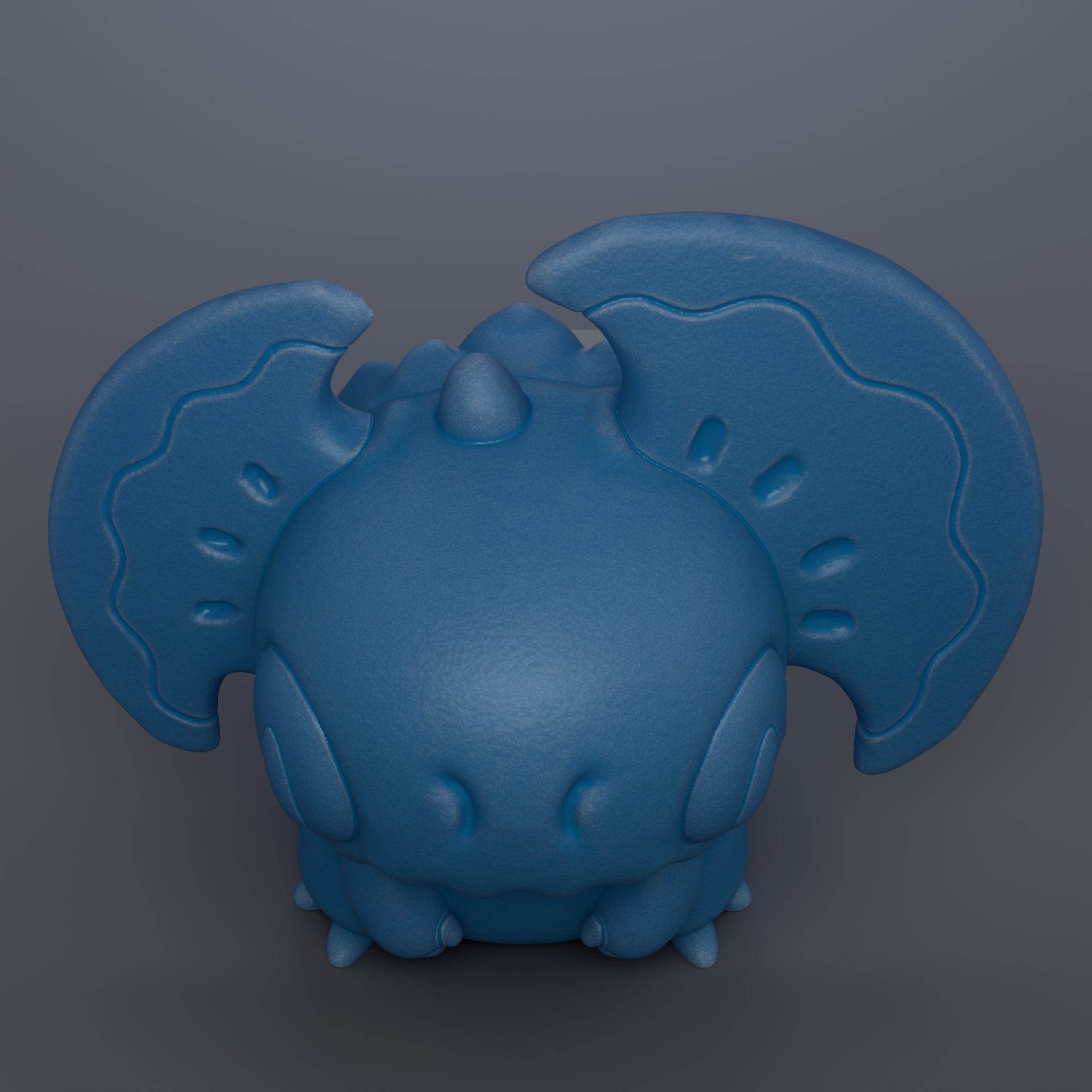 A blue, cartoon-like creature with large, curved wings and a pointed head is depicted in the image.