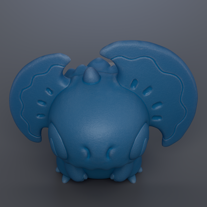 A blue, cartoon-like creature with large, curved wings and a pointed head is depicted in the image.