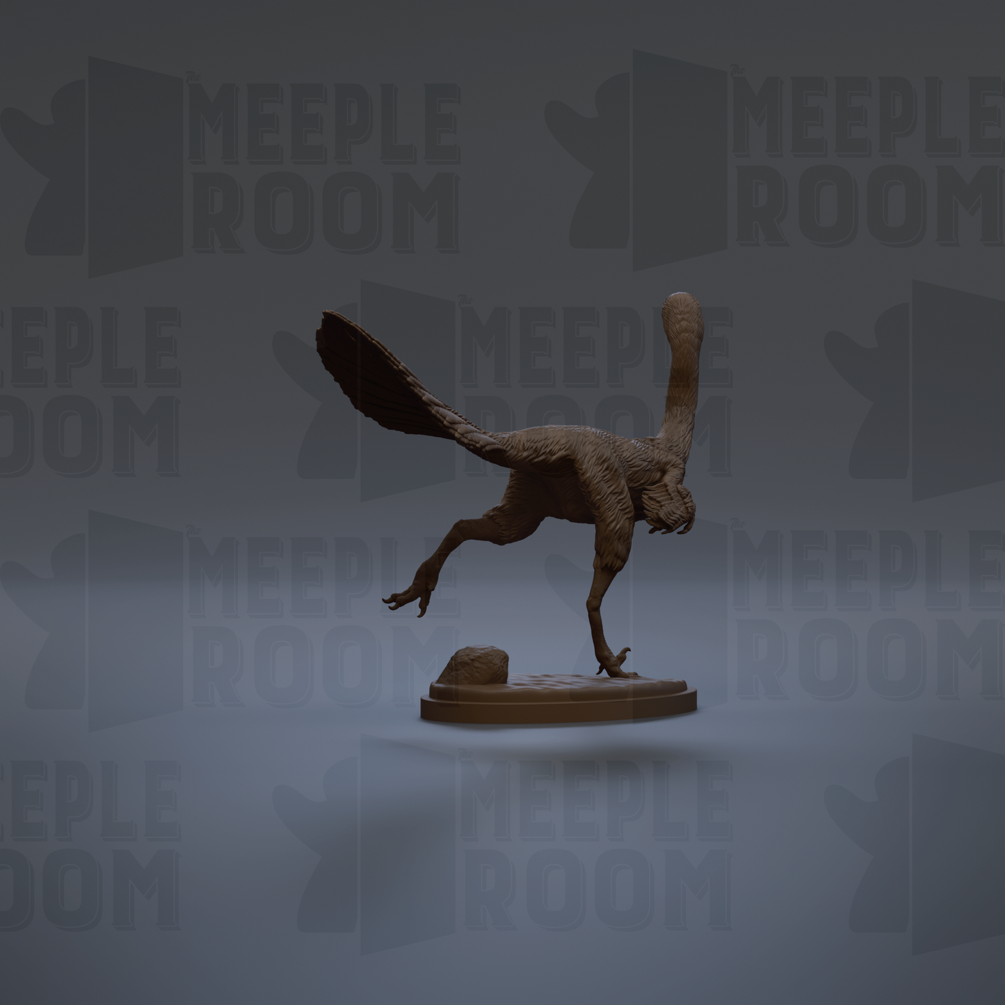 A 3D rendering of a dinosaur statue with a long neck and tail, standing on a platform.